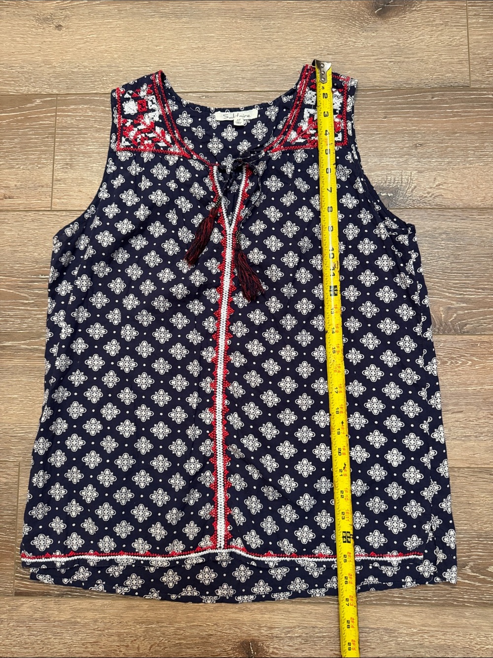 Solitaire Navy and White Printed Sleeveless Top with Red Accent - Picture 5 of 9